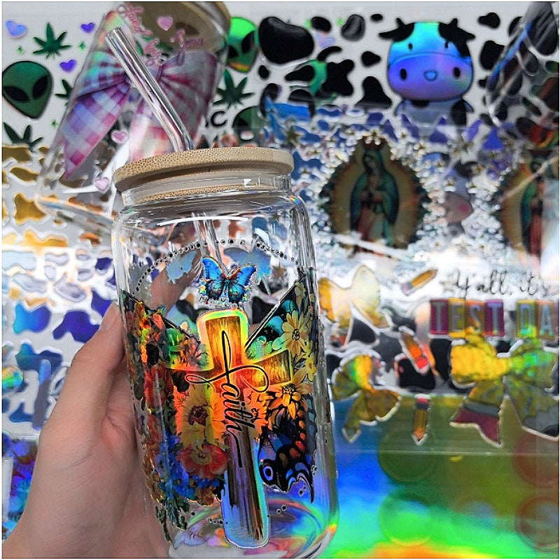 Wholesale 16oz Holographic Steel Cup UV DTF Stickers Random 10pcs/20pcs/50pcs Wraps for DIY Craftlaser wraps